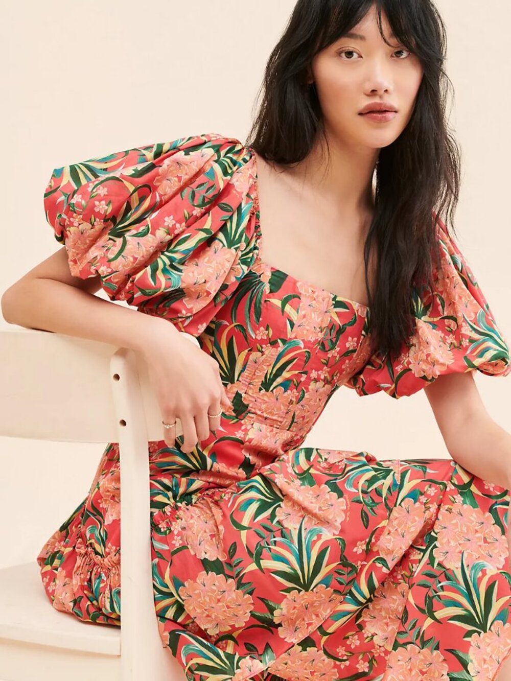 NWT Farm Rio Pineapple Bloom Red Cut Out Midi Dress Puff Sleeve Sz XS $275 - Picture 5 of 7